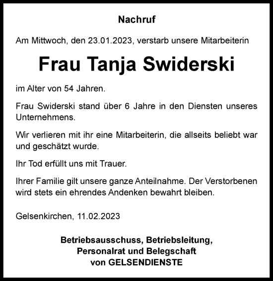Traueranzeige von Tanja Swiderski von Tageszeitung