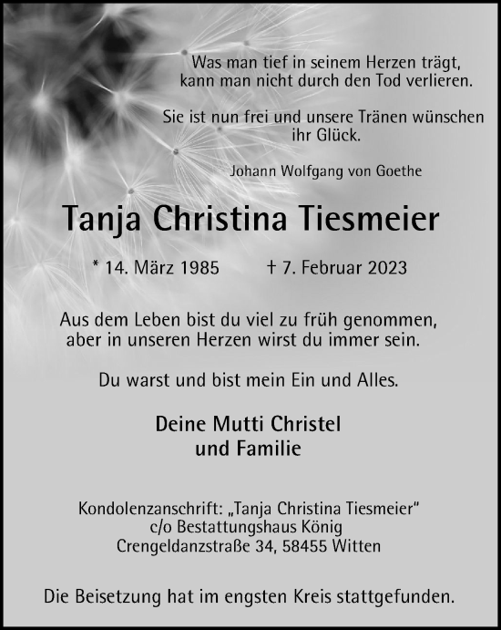 Traueranzeige von Tanja Christina Tiesmeier von WVW Anzeigenblätter