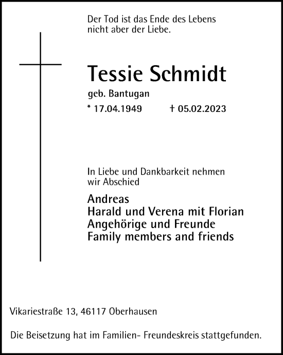 Traueranzeige von Tessie Schmidt von WVW Anzeigenblätter