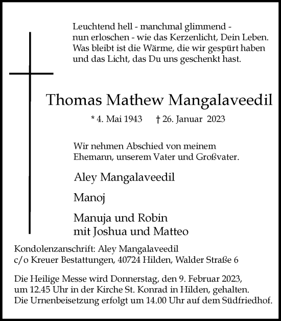 Traueranzeige von Thomas Mathew Mangalaveedil von WVW Anzeigenblätter