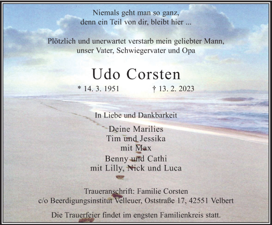 Traueranzeige von Udo Corsten von WVW Anzeigenblätter