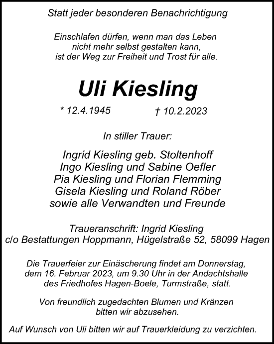 Traueranzeige von Uli Kiesling von Tageszeitung
