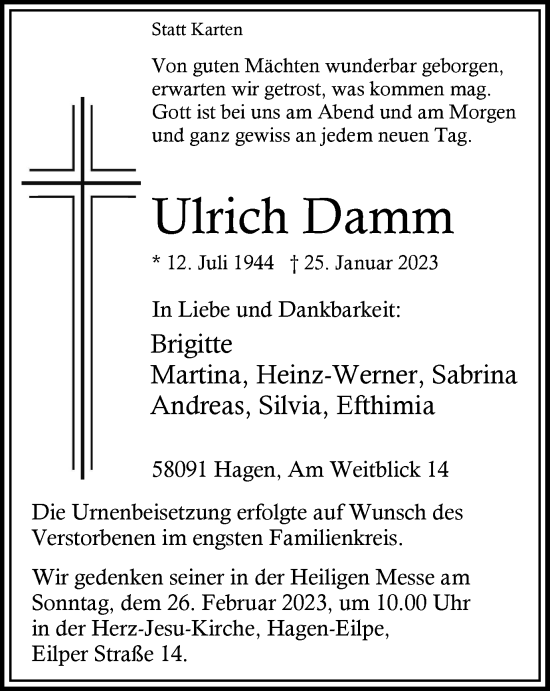 Traueranzeige von Ulrich Damm von Tageszeitung
