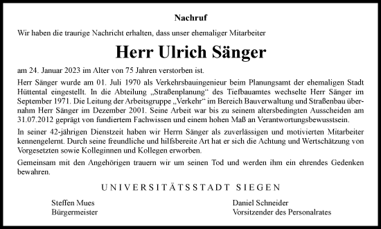 Traueranzeige von Ulrich Sänger von Tageszeitung