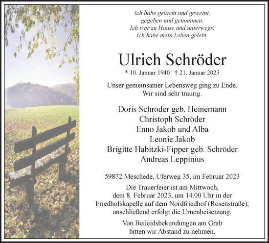 Traueranzeige von Ulrich Schröder von Tageszeitung