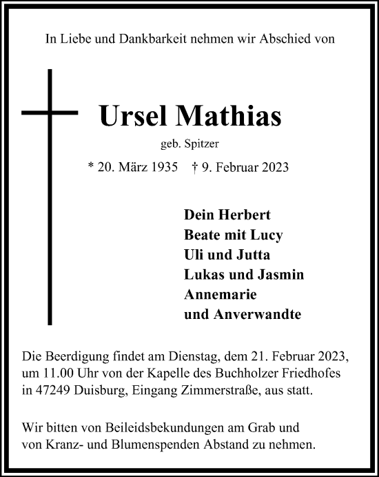 Traueranzeige von Ursel Mathias von Tageszeitung