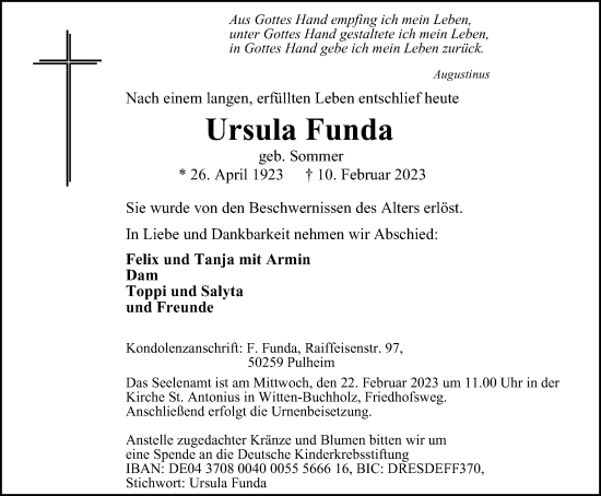 Traueranzeige von Ursula Funda von WVW Anzeigenblätter