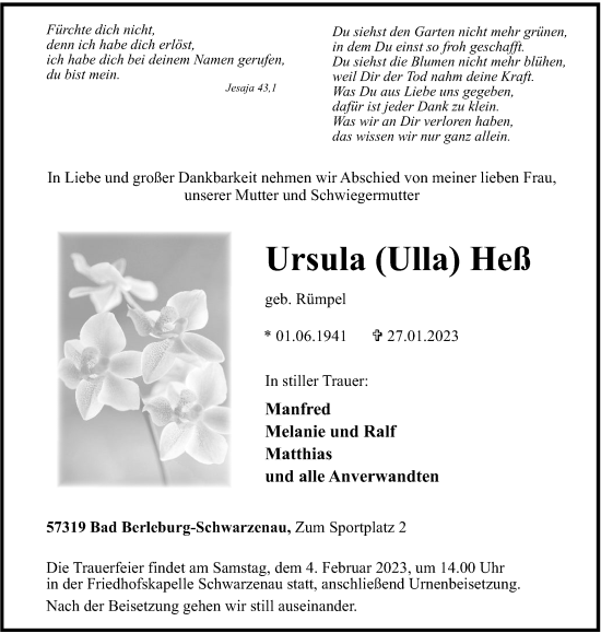Traueranzeige von Ursula Heß von Tageszeitung