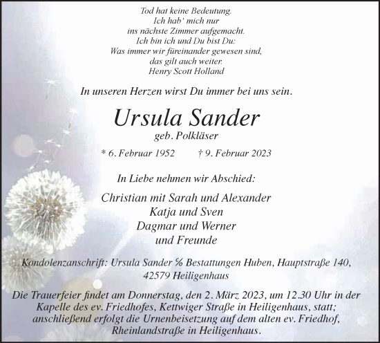Traueranzeige von Ursula Sander von WVW Anzeigenblätter