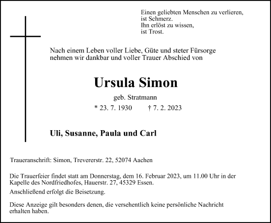 Traueranzeige von Ursula Simon von Tageszeitung