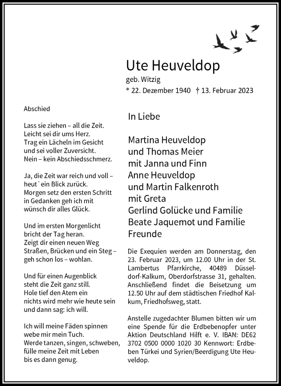 Traueranzeige von Ute Heuveldop von Tageszeitung