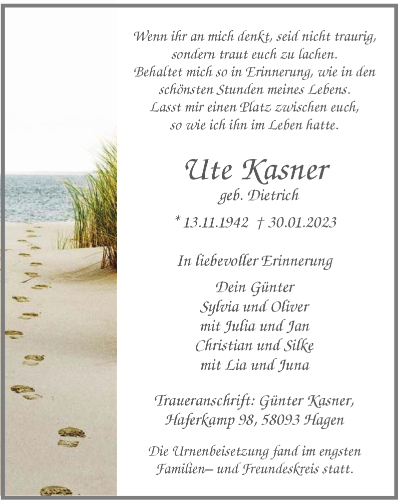  Traueranzeige für Ute Kasner vom 11.02.2023 aus Tageszeitung