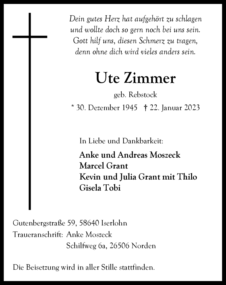 Traueranzeige für Ute Zimmer vom 11.02.2023 aus WVW Anzeigenblätter
