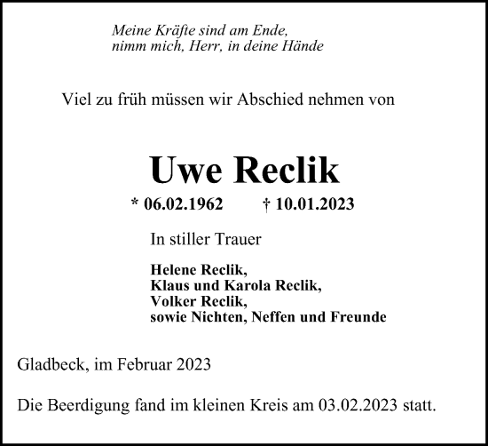 Traueranzeige von Uwe Reclik von WVW Anzeigenblätter