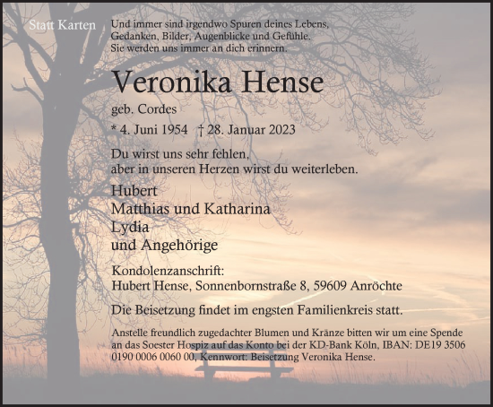 Traueranzeige von Veronika Hense von Tageszeitung