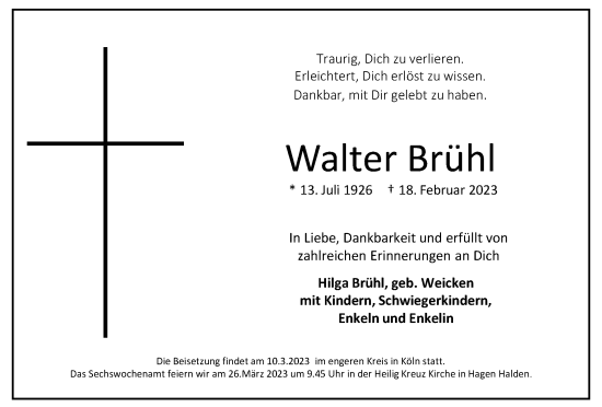 Traueranzeige von Walter Brühl von Tageszeitung