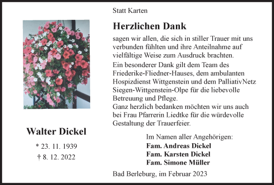 Traueranzeige von Walter Dickel von Tageszeitung