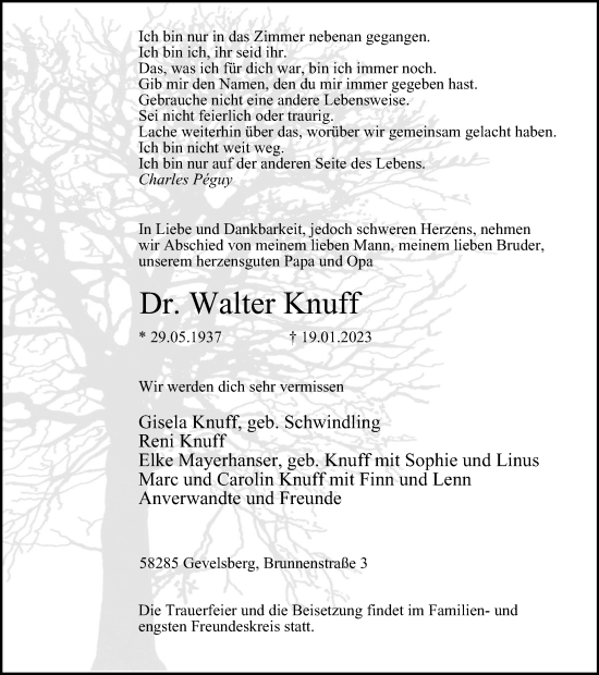 Traueranzeige von Walter Knuff von Tageszeitung