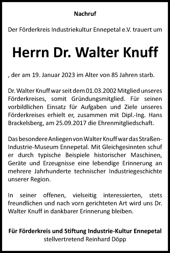 Traueranzeige von Walter Knuff von Tageszeitung
