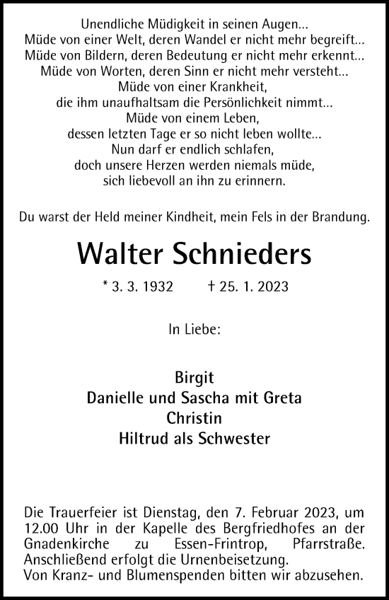Traueranzeige von Walter Schnieders von Tageszeitung