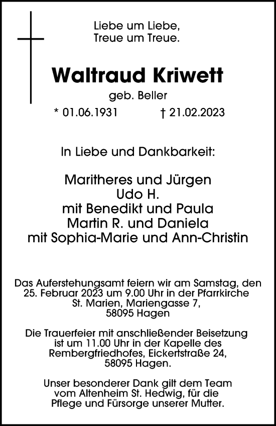 Traueranzeige von Waltraud Kriwett von Tageszeitung