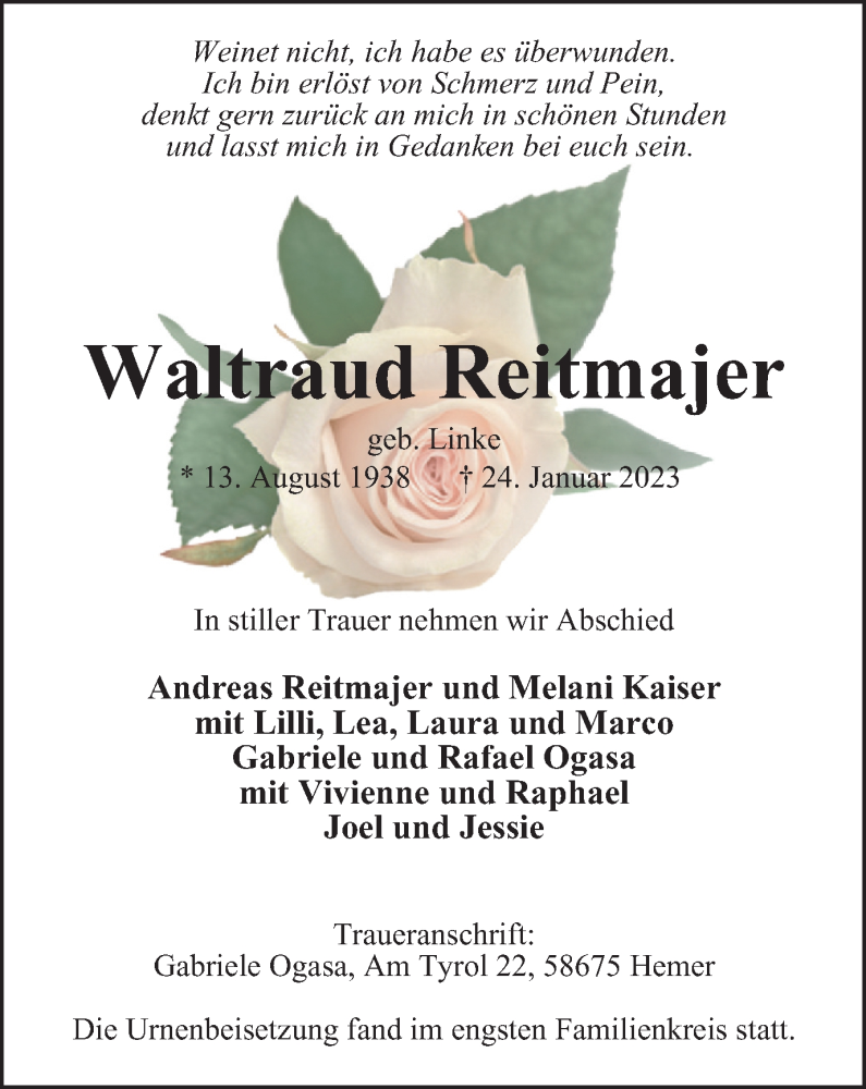  Traueranzeige für Waltraud Reitmajer vom 18.02.2023 aus Tageszeitung