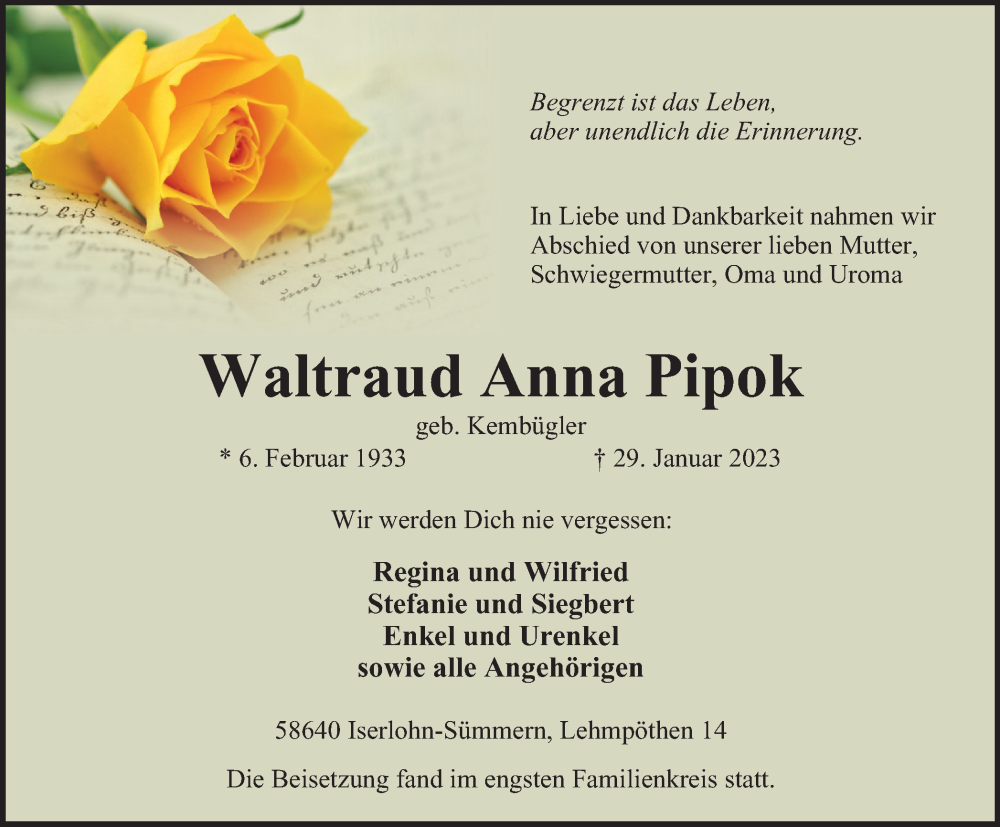  Traueranzeige für Waltraud Anna Pipok vom 09.02.2023 aus Tageszeitung