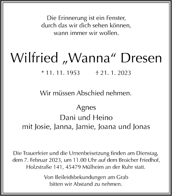 Traueranzeige von Wilfried Dresen von WVW Anzeigenblätter