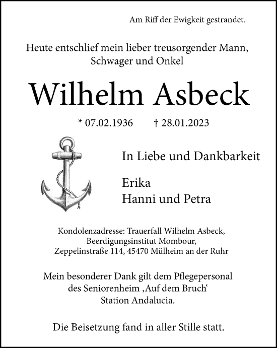 Traueranzeige von Wilhelm Asbeck von Tageszeitung