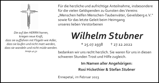 Traueranzeige von Wilhelm Stubner von Tageszeitung
