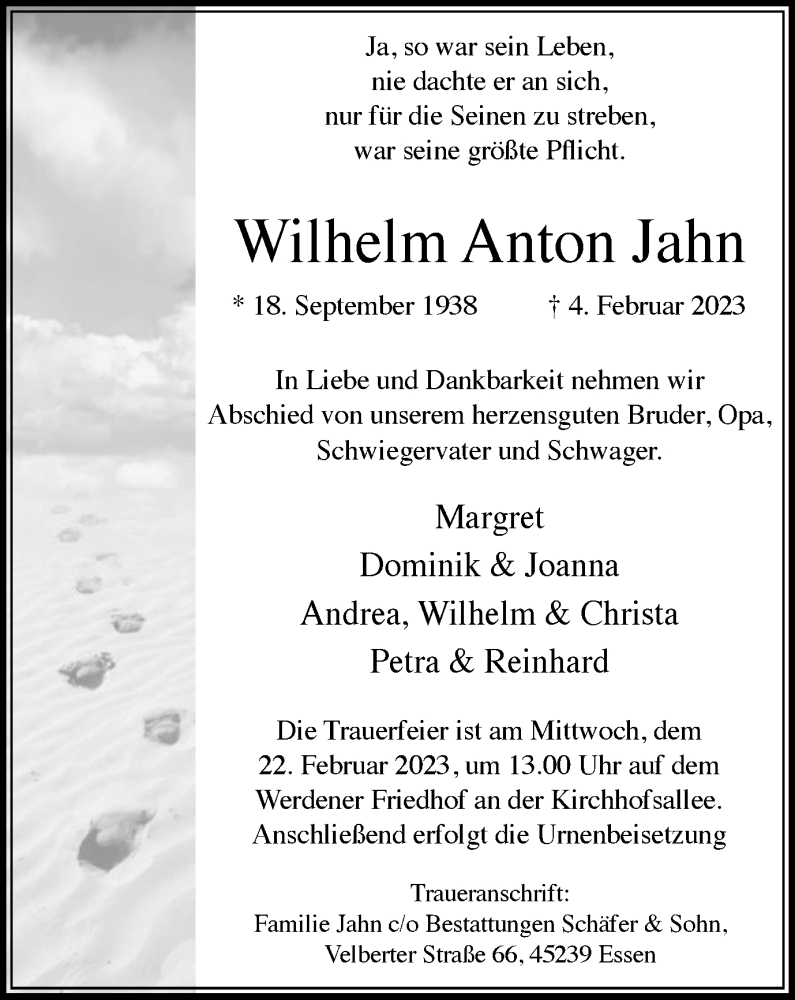  Traueranzeige für Wilhelm Anton Jahn vom 10.02.2023 aus Tageszeitung