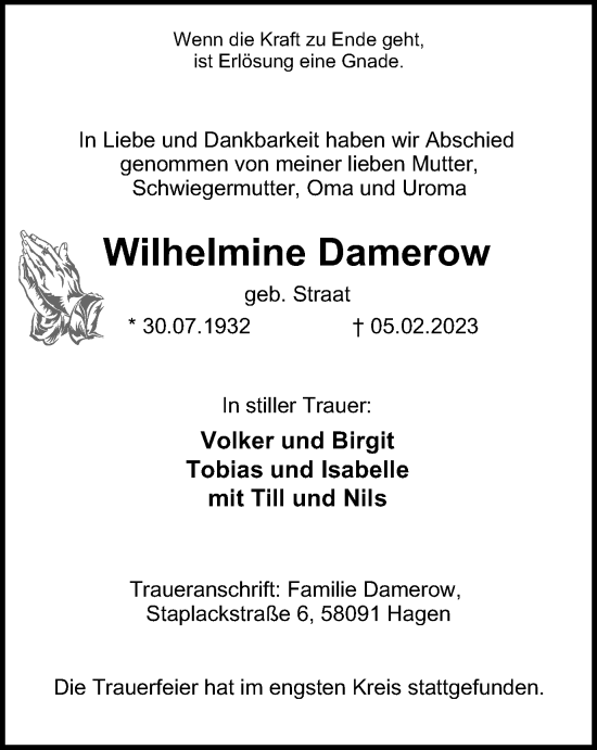 Traueranzeige von Wilhelmine Damerow von Tageszeitung