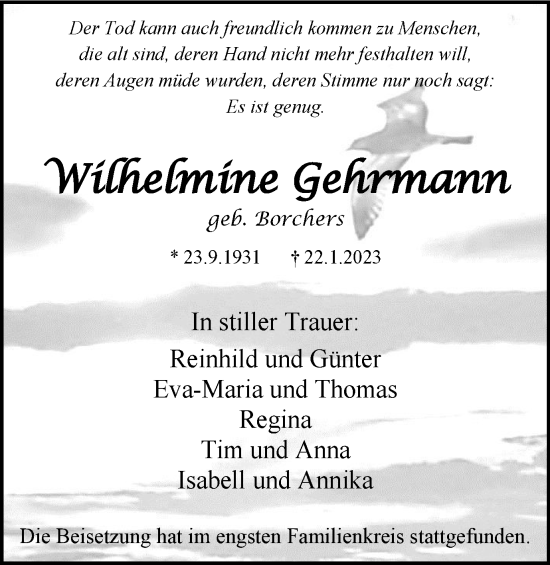 Traueranzeige von Wilhelmine Gehrmann von WVW Anzeigenblätter