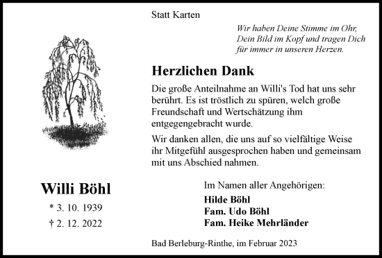 Traueranzeige von Willi Böhl von Tageszeitung