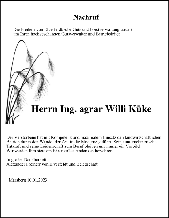 Traueranzeige von Willi Küke von Tageszeitung