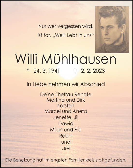 Traueranzeige von Willi Mühlhausen von WVW Anzeigenblätter