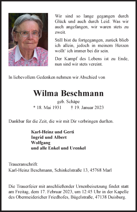 Traueranzeige von Wilma Beschmann von Tageszeitung