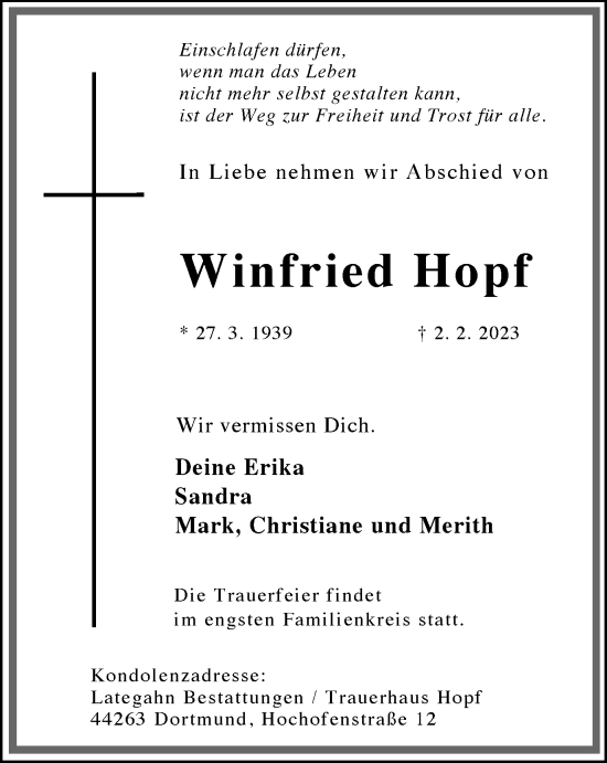 Traueranzeige von Winfried Hopf von Tageszeitung