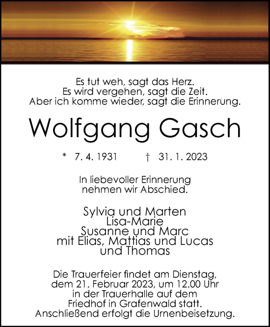 Traueranzeige von Wolfgang Gasch von WVW Anzeigenblätter