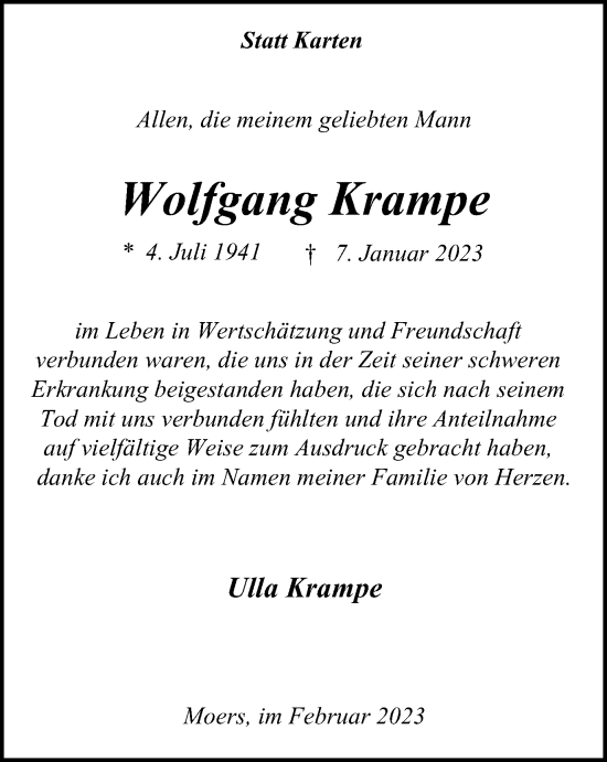 Traueranzeige von Wolfgang Krampe von Tageszeitung