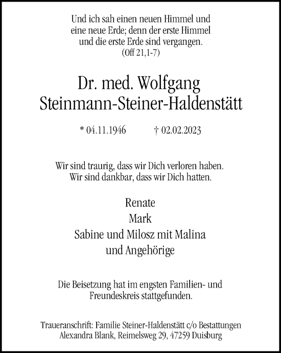 Traueranzeige von Wolfgang Steinmann-Steiner-Haldenstätt von Tageszeitung