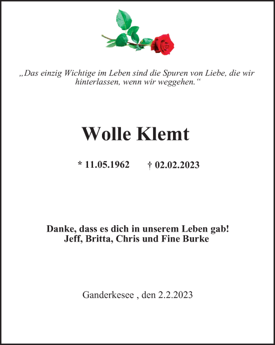 Traueranzeige von Wolle Klemt von Tageszeitung