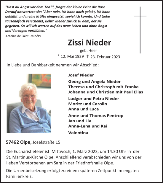 Traueranzeige von Zissi Nieder von Tageszeitung