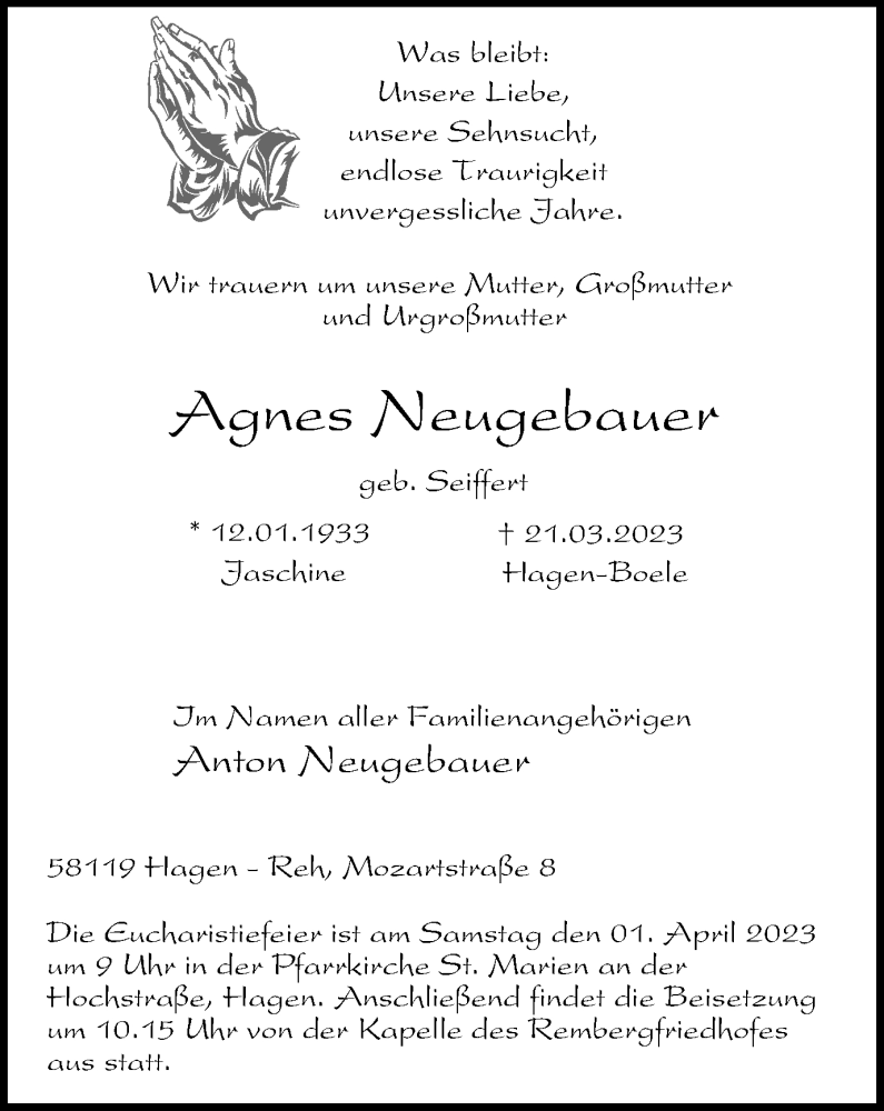  Traueranzeige für Agnes Neugebauer vom 29.03.2023 aus Tageszeitung