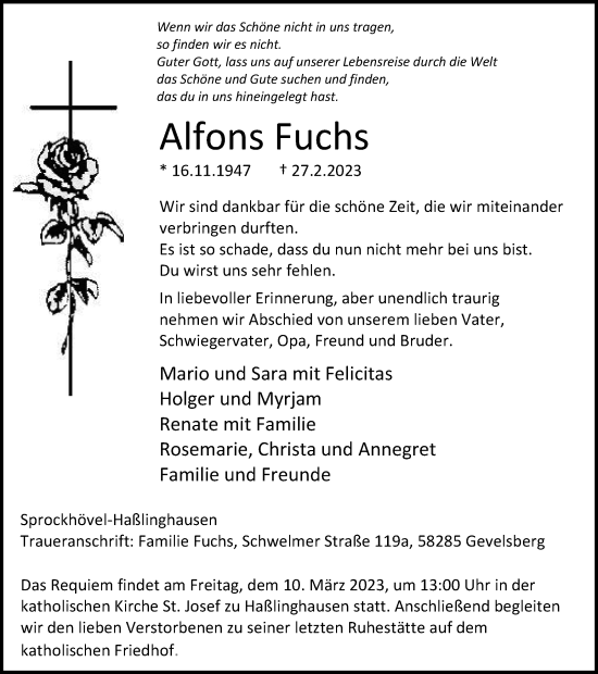 Traueranzeige von Alfons Fuchs von Tageszeitung
