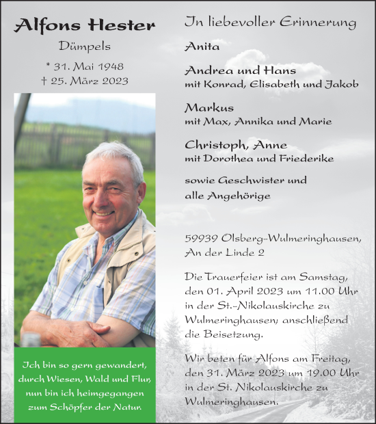 Traueranzeige von Alfons Hester von Tageszeitung