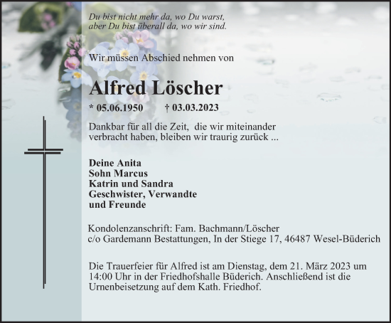 Traueranzeige von Alfred Löscher von Tageszeitung