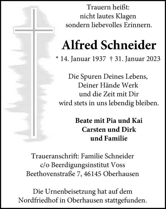 Traueranzeige von Alfred Schneider von WVW Anzeigenblätter