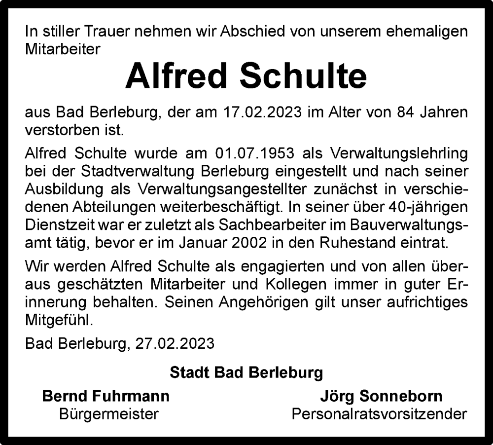  Traueranzeige für Alfred Schulte vom 01.03.2023 aus Tageszeitung