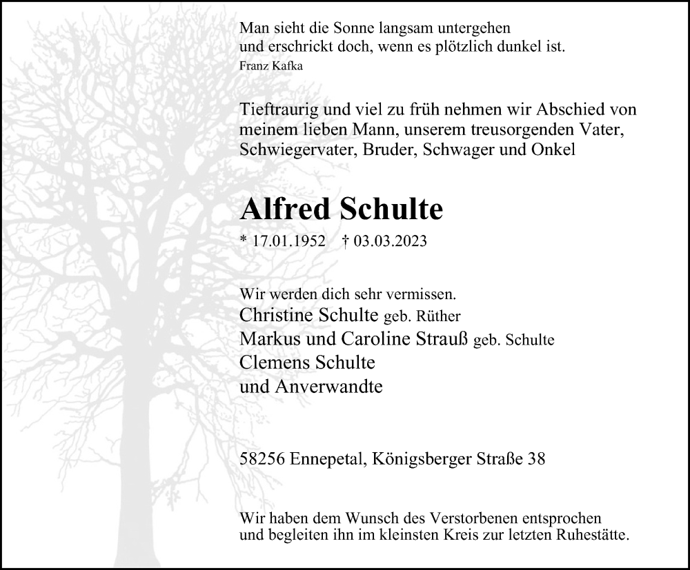  Traueranzeige für Alfred Schulte vom 08.03.2023 aus Tageszeitung